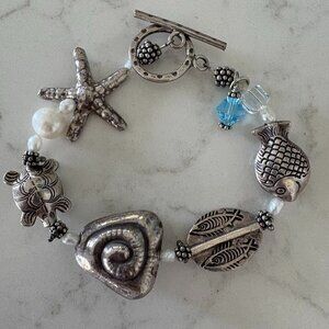 Sterling Silver, Stamped Trade Bead, Real Pearl, Swarovski Crystal, Bracelet